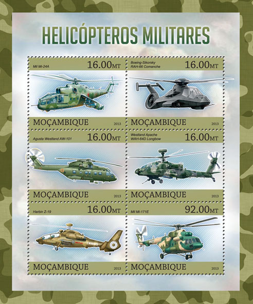 Military helicopters - Issue of Mozambique postage Stamps