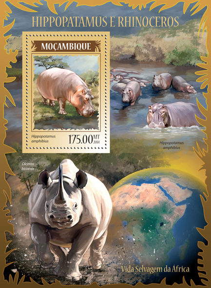Hippopotamus and rhinoceros - Issue of Mozambique postage Stamps