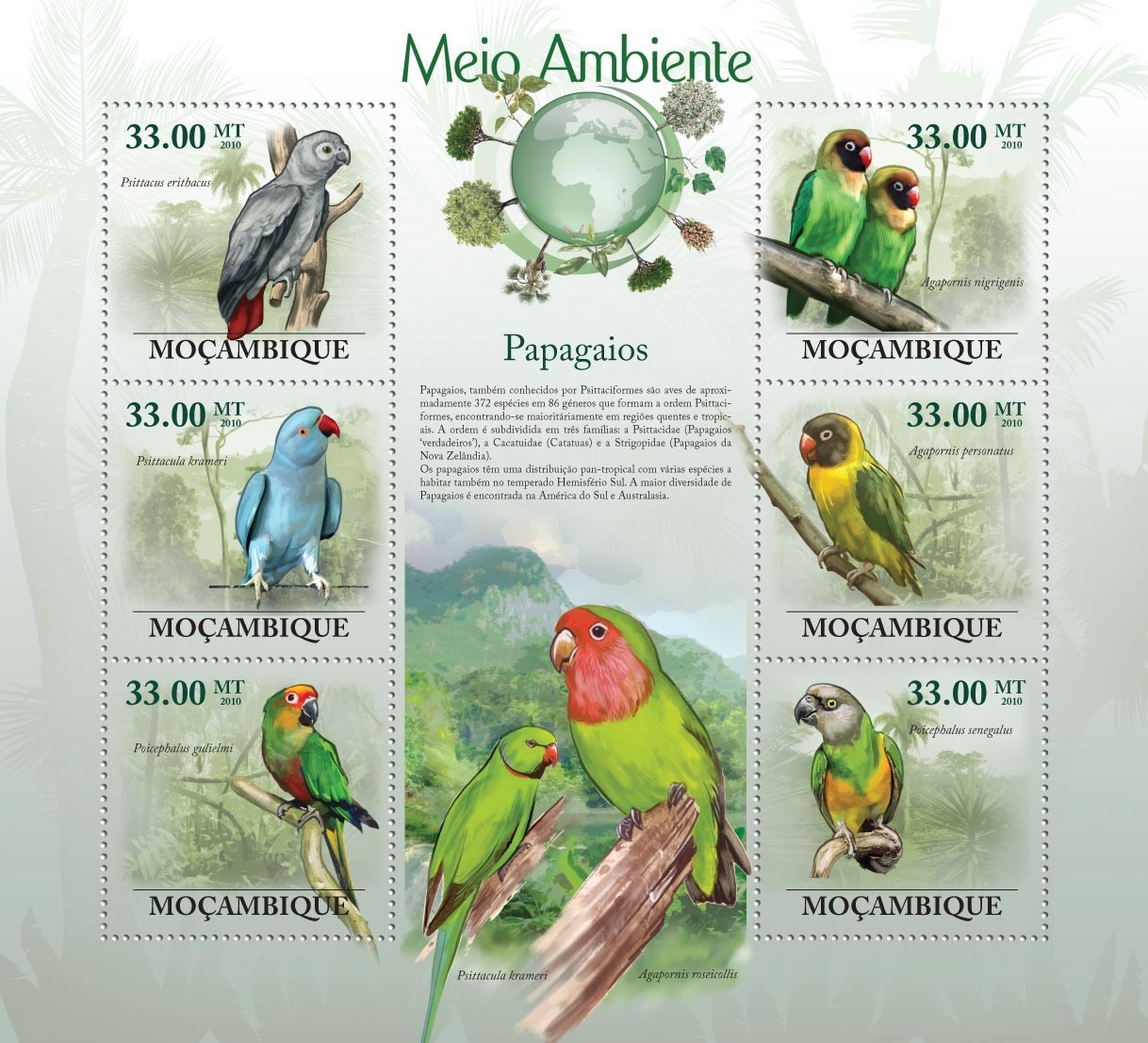 Parrots, ( Psitacus erithacus, Psittacula krameri, Poicephalus guliemi, etc.. - Issue of Mozambique postage Stamps