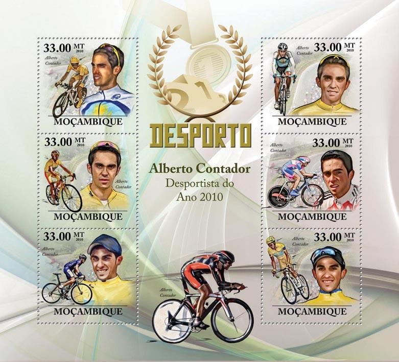 Cycling, ( Alberto Contador ). - Issue of Mozambique postage Stamps