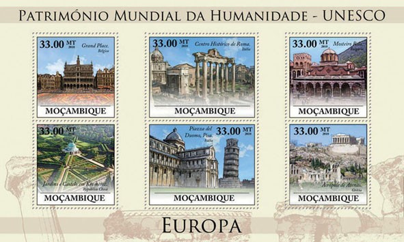 World Heritage Site  UNESCO Europe I (Grand Place. Belgium ?ﾀﾦ Acropolis of Athens. Greece). - Issue of Mozambique postage Stamps