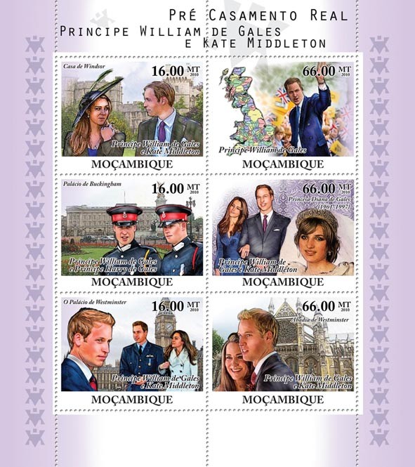 Royal Engagement, Prince William of Wales and Kate Middleton. - Issue of Mozambique postage Stamps