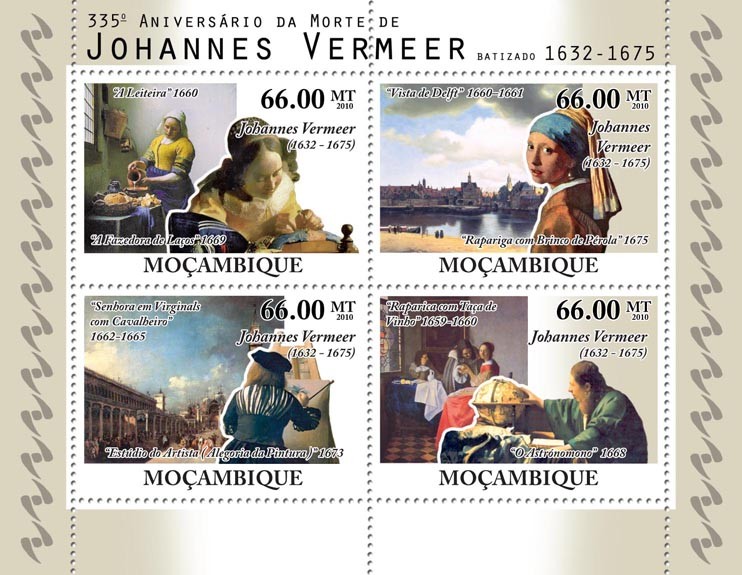 335th Anniversary of Death of Johannes Vermeer, (1632-1675), Paintings. - Issue of Mozambique postage Stamps
