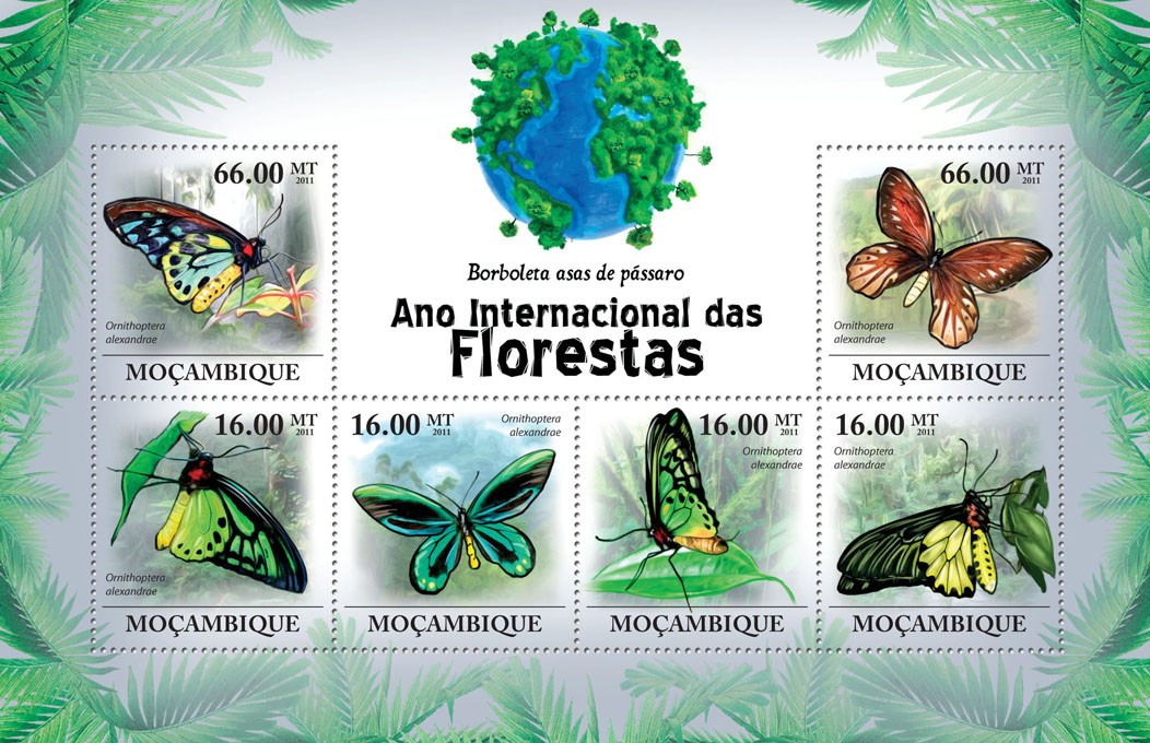 Bird Wings Butterflies, (Ornithoptera alexandre). - Issue of Mozambique postage Stamps
