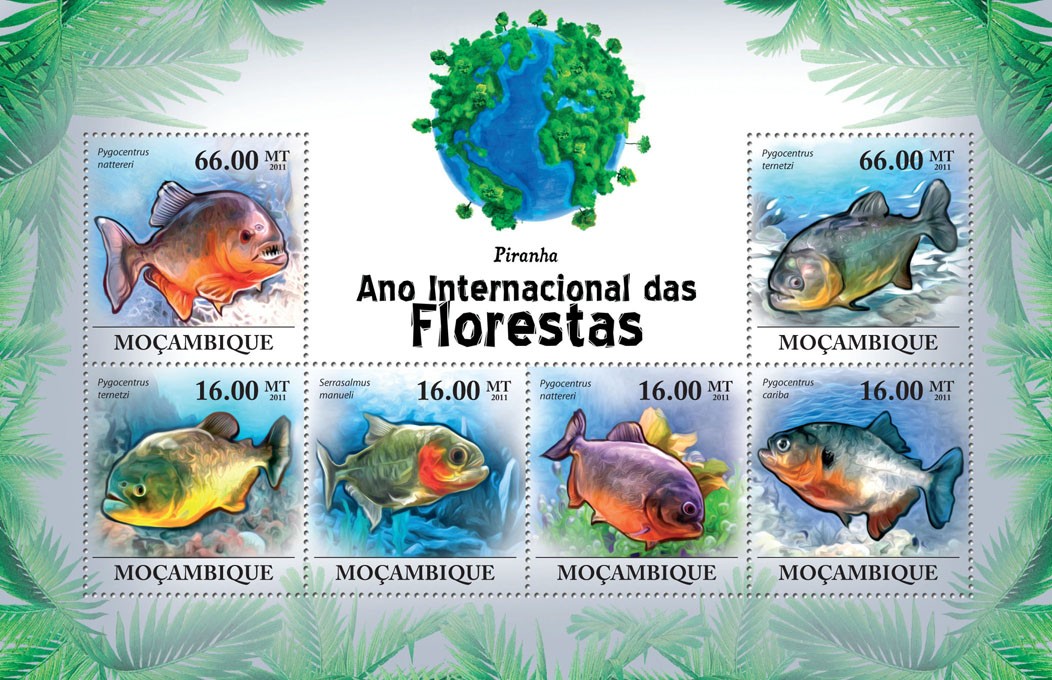 Piranhas, (Pygocentrus nattereri ... cariba). - Issue of Mozambique postage Stamps