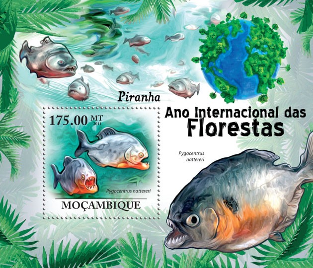 Piranhas, (Pygocentrus nattereri). - Issue of Mozambique postage Stamps