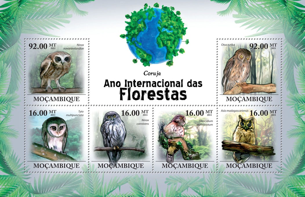 Owls,  (Ninox novaeseelandiae) - Issue of Mozambique postage Stamps