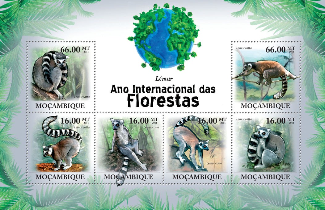 Lemurs, (Lemur catta). - Issue of Mozambique postage Stamps