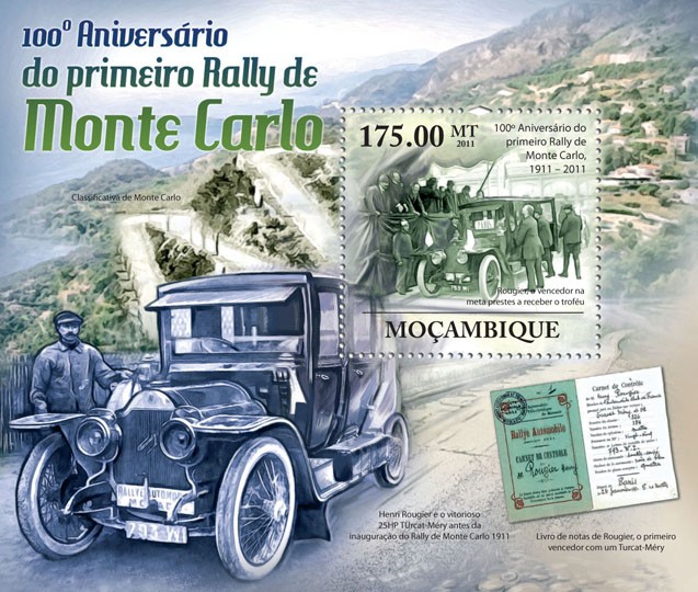 100th Anniversary of the First Monte Carlo Rally, 1911. - Issue of Mozambique postage Stamps