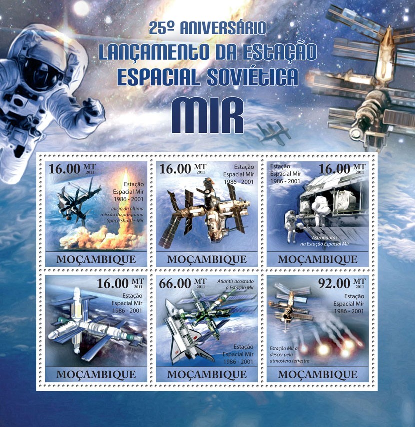 25th Anniversary Launching of Soviet Space Station MIR. - Issue of Mozambique postage Stamps