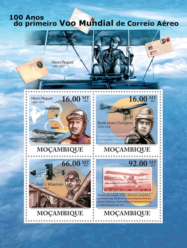 100 Years of the First World Air Mail. - Issue of Mozambique postage Stamps