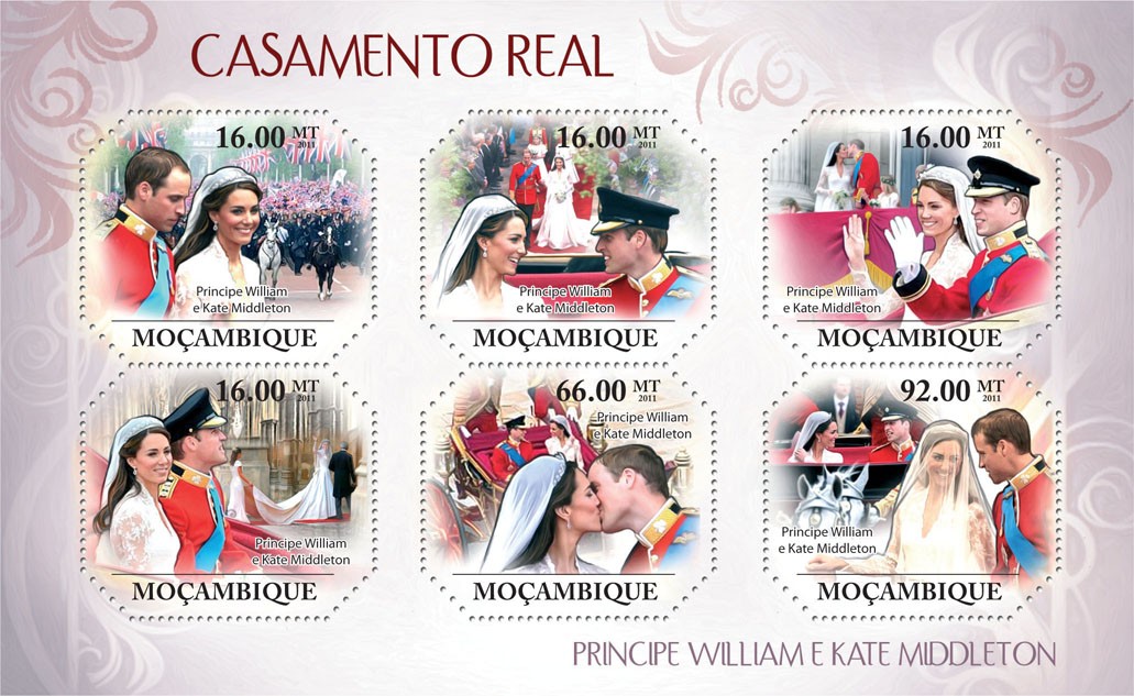 Royal Weddings, Prince William & Kate Middleton. - Issue of Mozambique postage Stamps