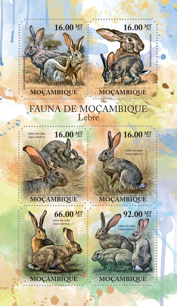 Hares, (Lepus saxatilis, Lepus capensis). - Issue of Mozambique postage Stamps
