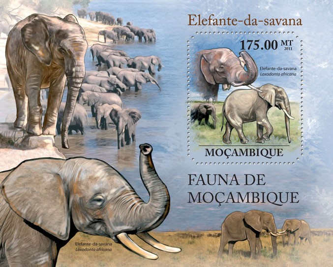 Elephants of Savana, (Loxodonta africana). - Issue of Mozambique postage Stamps
