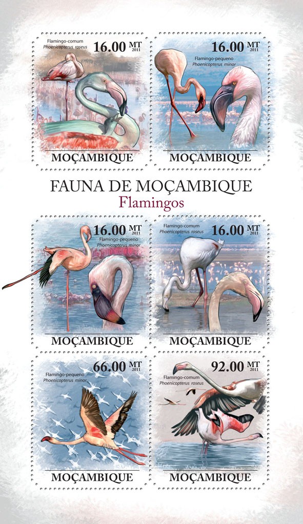 Flamingos, (Phoenicopterus roseus). - Issue of Mozambique postage Stamps