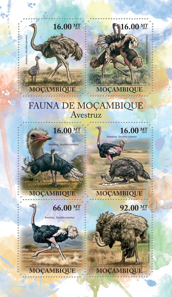 Ostrich, (Struthio camelus). - Issue of Mozambique postage Stamps