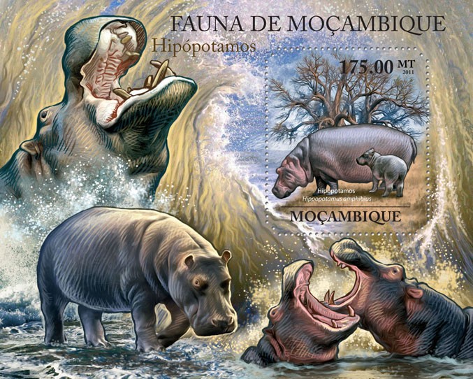 Hippos, (Hippopotamus amhibius). - Issue of Mozambique postage Stamps