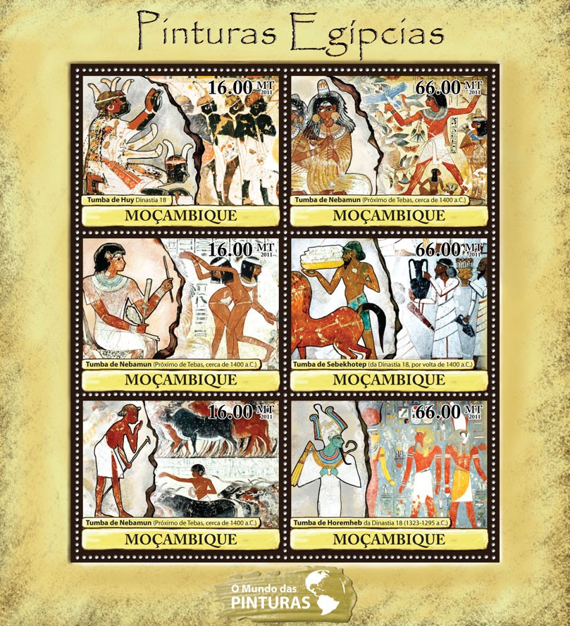 Egyptian Paintings, (Tumba de Huy, Tumba de Horemheb). - Issue of Mozambique postage Stamps