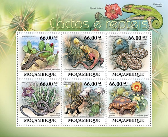 Cactuses & Reptils, (Opuntia ficus-indica, Lioleamus platei platei). - Issue of Mozambique postage Stamps