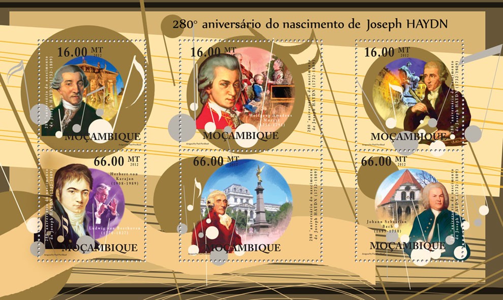 Joseph Haydn,  (280th Anniversary of Birth). - Issue of Mozambique postage Stamps
