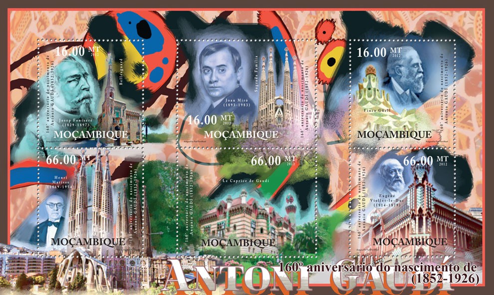 Antoni Gaudi, 160th Anniversaty of Birth, (1852-1926), Monuments. - Issue of Mozambique postage Stamps