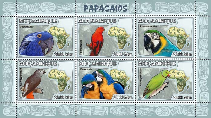 PARROTS 6v - Issue of Mozambique postage Stamps