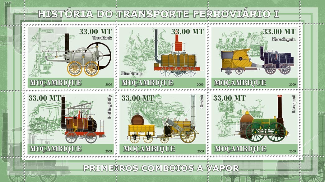 History of Trains I / First trains - Issue of Mozambique postage Stamps
