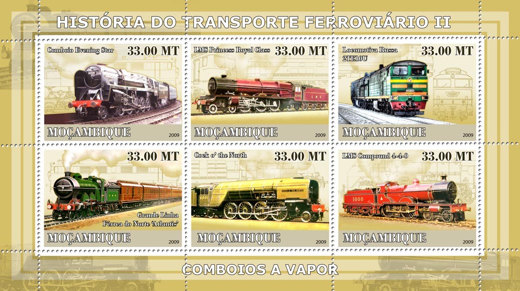 History of Trains II / Steam trains - Issue of Mozambique postage Stamps
