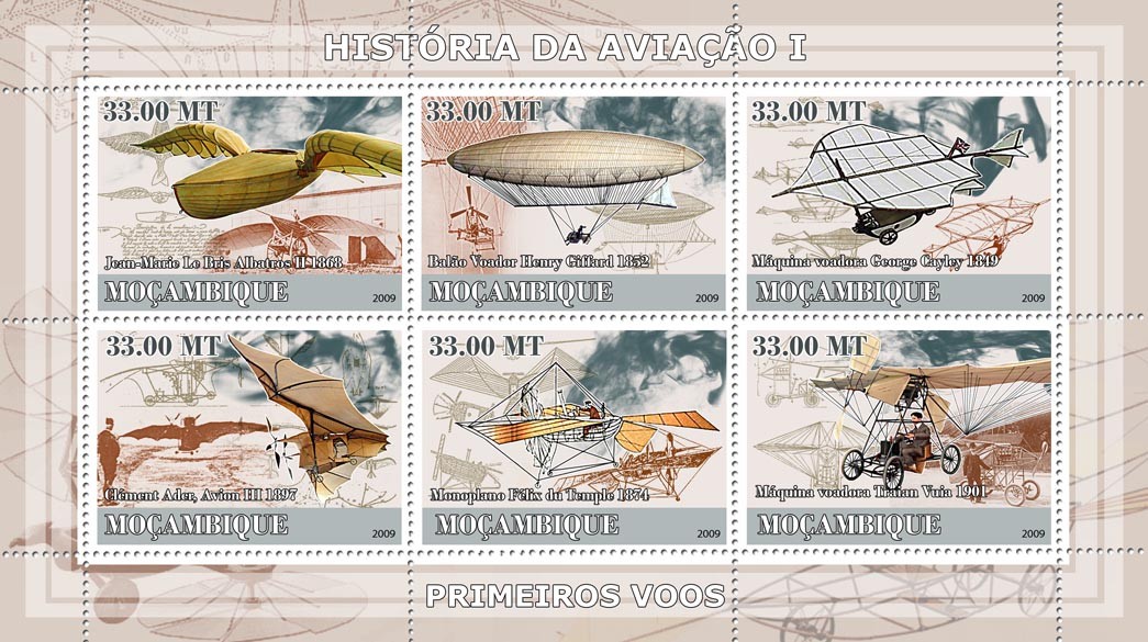 History of Aviation I / First flights - Issue of Mozambique postage Stamps