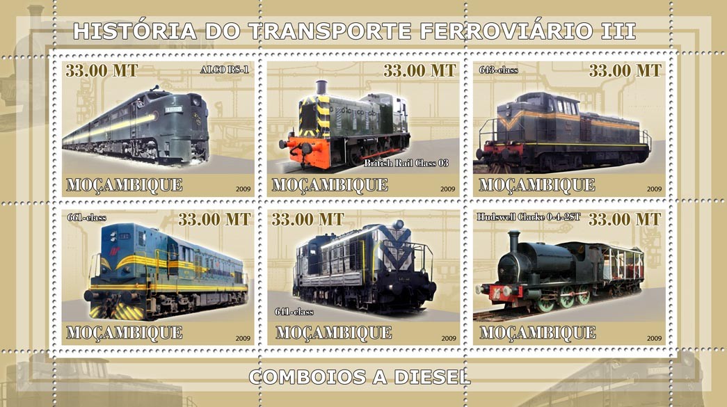 History of Trains III / Diesel trains - Issue of Mozambique postage Stamps
