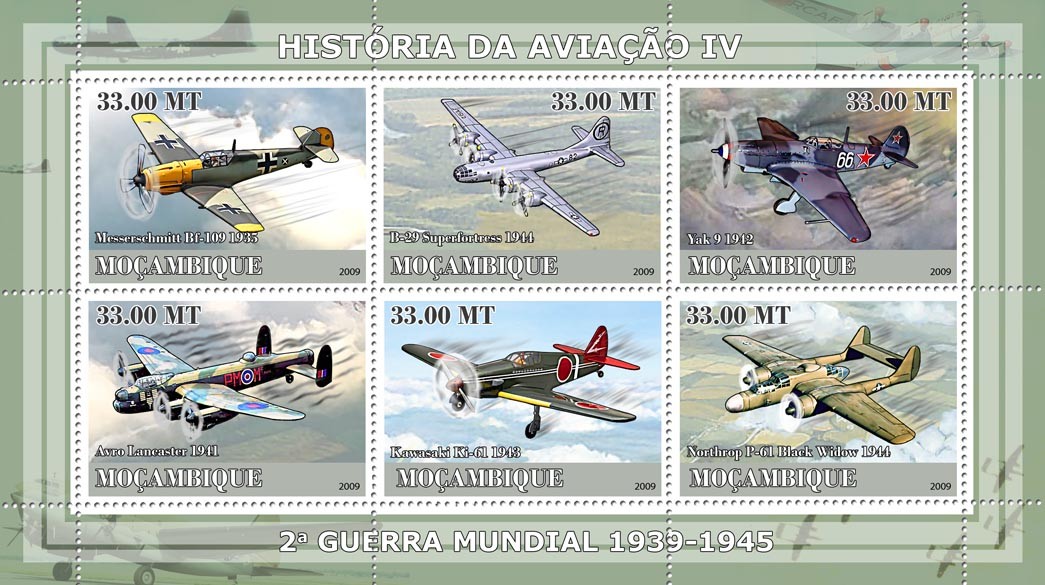 History of Aviation IV - II World War Planes - Issue of Mozambique postage Stamps