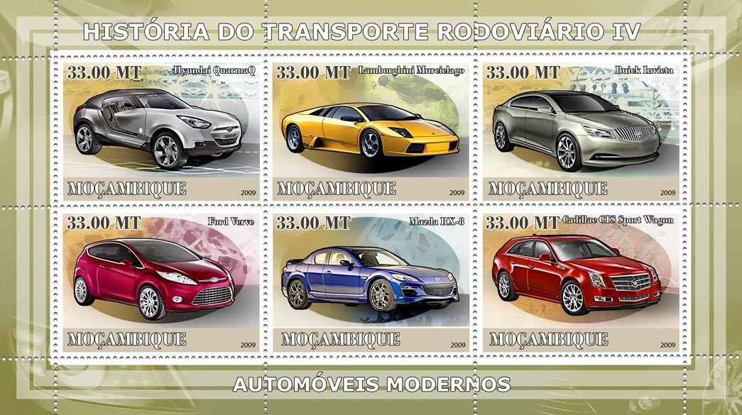 History of Road transport IV / Modern Cars - Issue of Mozambique postage Stamps