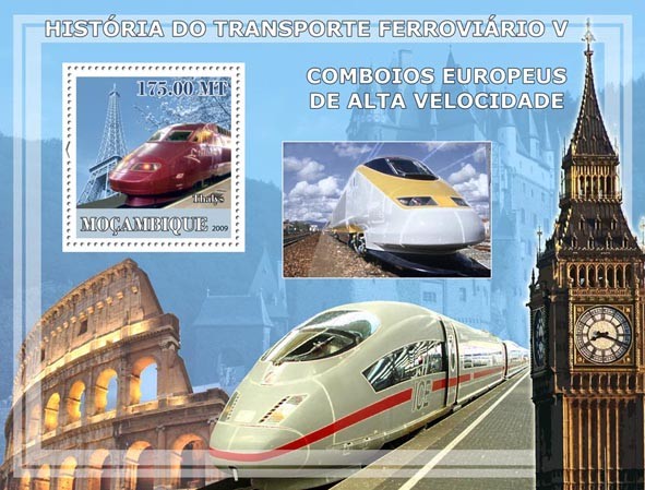 History of Trains V / European High Speed Trains - Issue of Mozambique postage Stamps