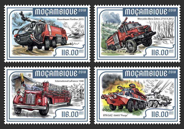 Fire engines (set of 4 stamps) - Issue of Mozambique postage Stamps