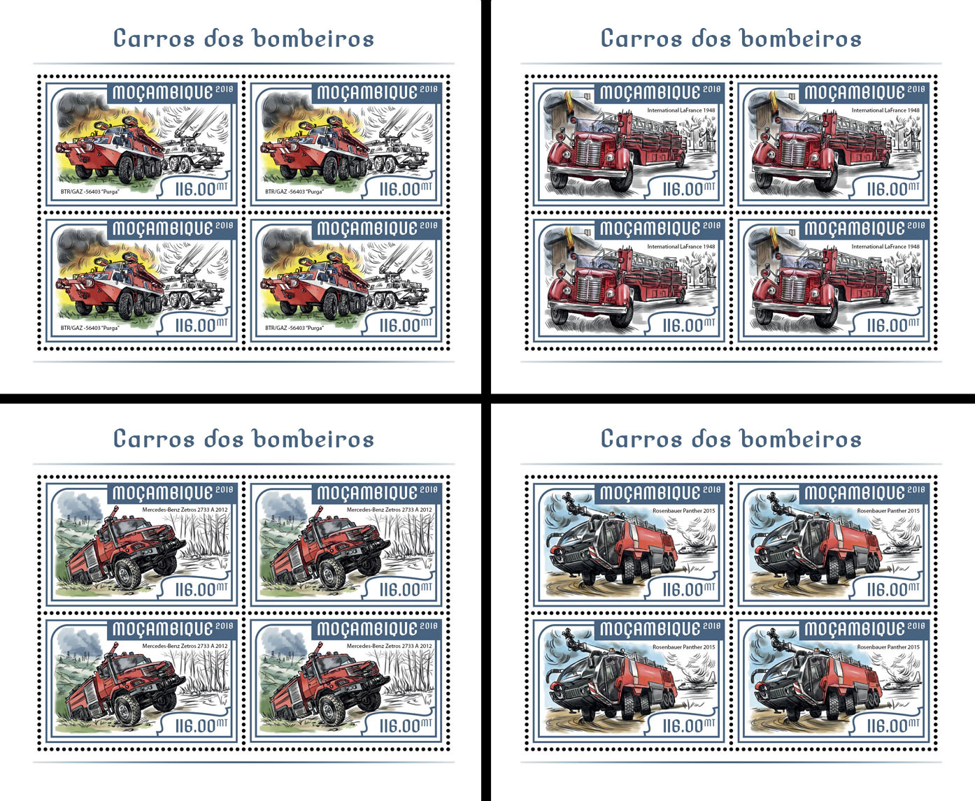 Fire engines (4 sets of 4 stamps) - Issue of Mozambique postage Stamps