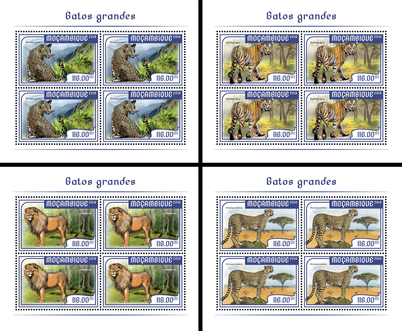 Big cats (4 sets of 4 stamps) - Issue of Mozambique postage Stamps