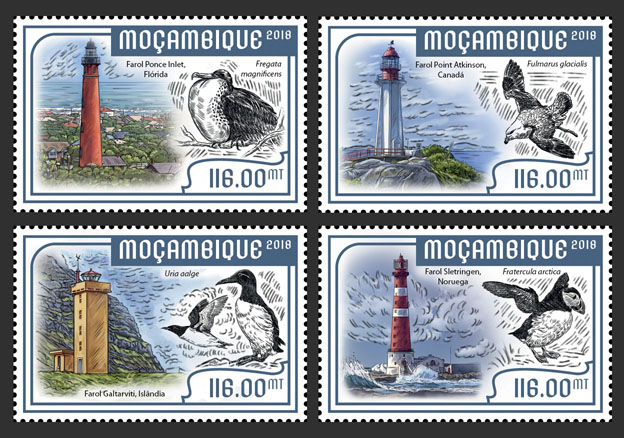Lighthouses and seabirds (set of 4 stamps) - Issue of Mozambique postage Stamps
