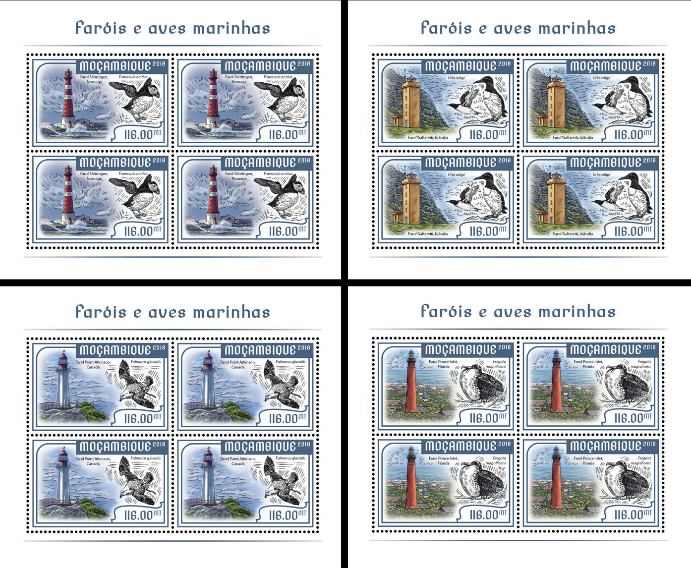 Lighthouses and seabirds (4 sets of 4 stamps) - Issue of Mozambique postage Stamps