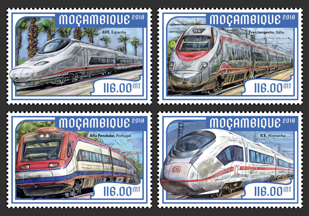 European speed trains (set of 4 stamps) - Issue of Mozambique postage Stamps