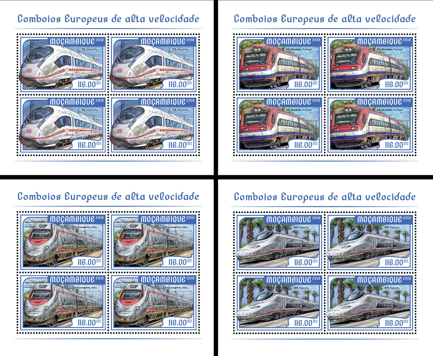 European speed trains (4 sets of 4 stamps) - Issue of Mozambique postage Stamps
