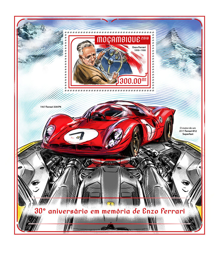 Enzo Ferrari - Issue of Mozambique postage Stamps