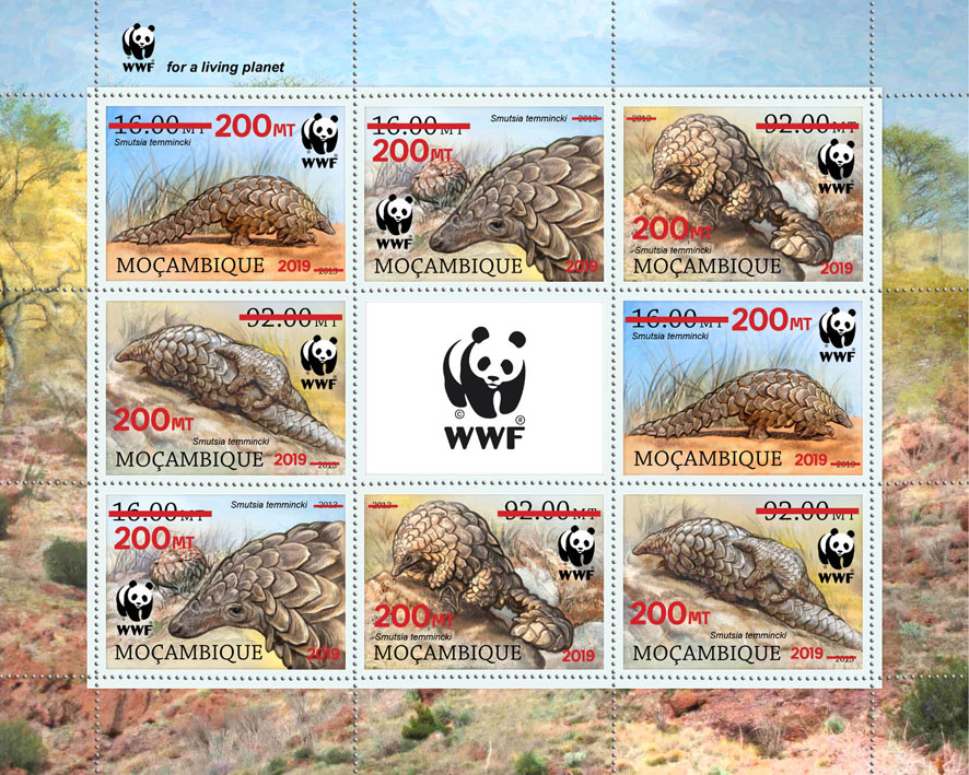 WWF overprint: Pangolins 8v (red foil) - Issue of Mozambique postage Stamps
