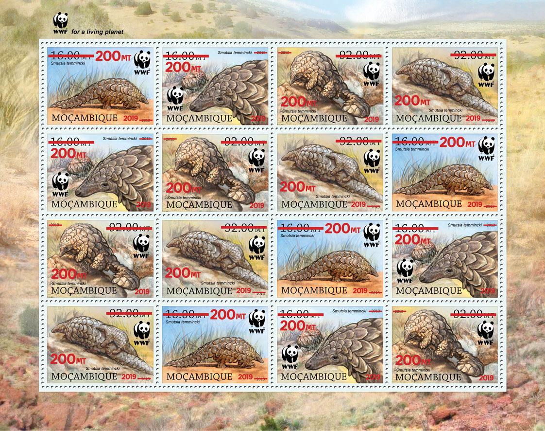 WWF overprint: Pangolins 16v (red foil) - Issue of Mozambique postage Stamps