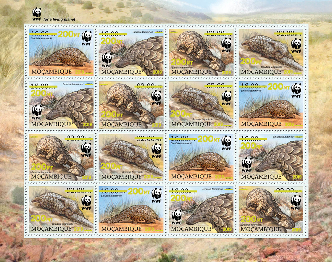 WWF overprint: Pangolins 16v (gold foil) - Issue of Mozambique postage Stamps